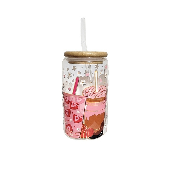 Cafecito Y Fresa Glass Tumbler Iced Coffee Cup 16oz Pink Design - Picture 3 of 5